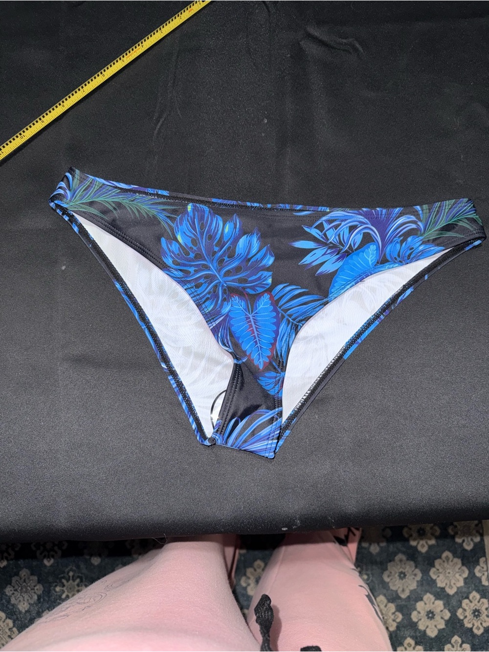 SHEIN Black Bikini Bottom with Blue Tropical Leaf Print
